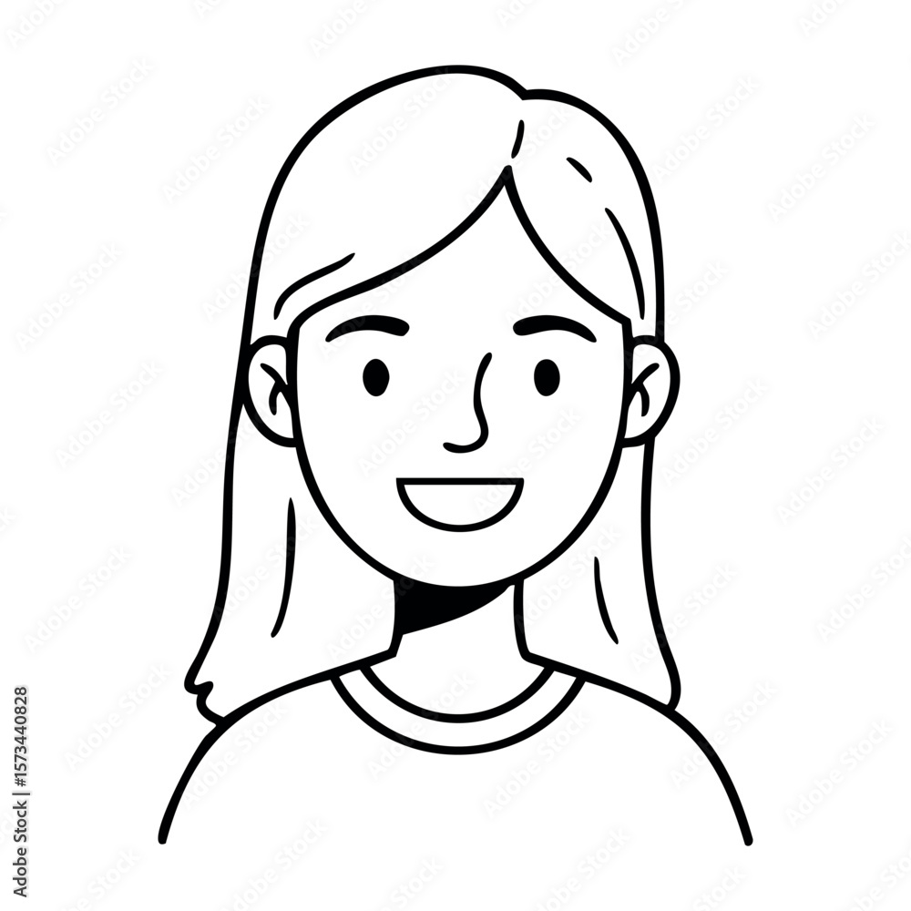Smiling young female character with long hair in simple line art. Vector hand-drawn doodle illustration Smiling young female character with long hair in simple line art. Vector hand-drawn doodle illustration