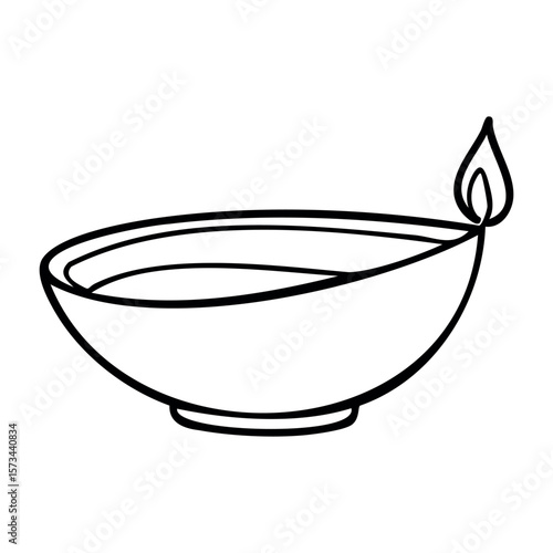Line art of traditional oil lamp with flame and bowl design. Vector hand-drawn doodle illustration