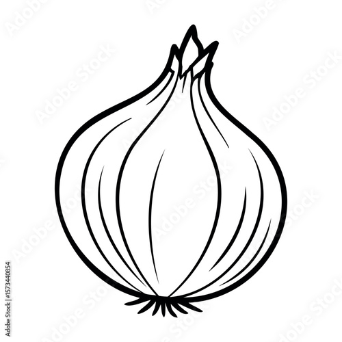 Simple outline drawing of an onion with bold black lines. Vector hand-drawn doodle illustration