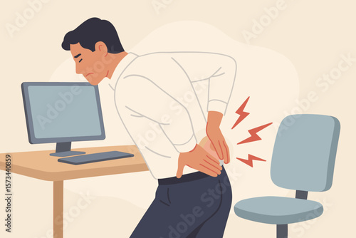 Office Worker Experiencing Lower Back Pain, Hands on Back, Office Syndrome, Prolonged Sitting, Ergonomics, Workplace Injury, Medical Healthcare Concept, Flat Vector Illustration