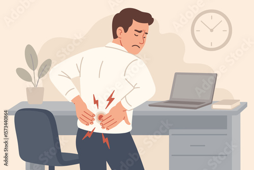 Office Worker with Lower Back Pain, Ergonomic Injury, Sitting Posture Problem, Hands on Lumbar Area, Workplace Health, Spine Discomfort, Medical Concept, Flat Vector Illustration