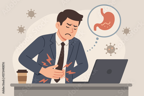 Businessman Suffering Stomach Pain, Workplace Stress, Gastrointestinal Discomfort, Office Health Problem, Stomachache, Digestive Disease, Corporate Stress, Medical Concept Illustration
