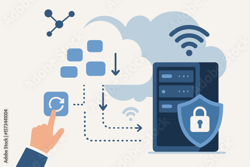 Cloud Data Exchange Technology, Secure Data Transfer, Cloud Network Connection to Business Internet Server, Online Data Storage, Cyber Security, Backup, Modern Flat Vector