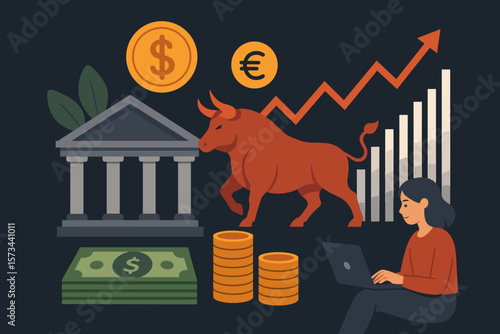 Bull Market Growth, Banking and Finance Success, Investment, Stock Exchange, Rising Profits, Currency, Banking Institution, Money, Coins, Businesswoman, Economic Trend, Vector Illustration