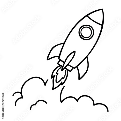 Outlined rocket launch with smoke in simple cartoon style. Vector hand-drawn doodle illustration