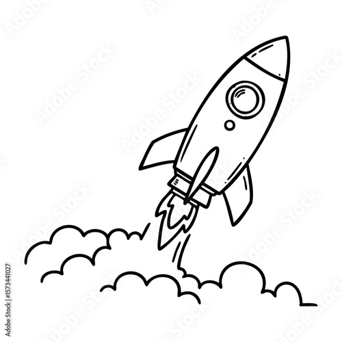 Rocket launching into space with smoke trails. Vector hand-drawn doodle illustration
