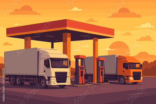 Trucks Refueling at Gas Station Sunset. Transportation Vehicles, Business Logistics, Delivery Transport, Cargo Freight Shipping, Commercial Trucking, Road Logistics Concept