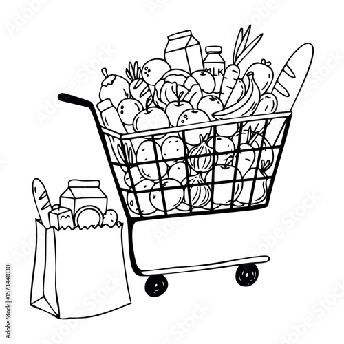 Hand-drawn shopping cart filled with various groceries and a paper bag. Vector hand-drawn doodle illustration