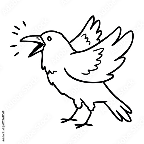 Outline drawing of a crow with open beak and raised wings. Vector hand-drawn doodle illustration