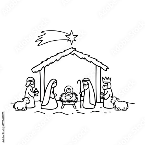 Illustration of nativity scene with baby jesus, mary, joseph, wise men, and animals. Vector hand-drawn doodle illustration