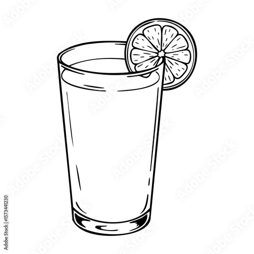 Lemon garnish on iced beverage in glass outline. Vector hand-drawn doodle illustration