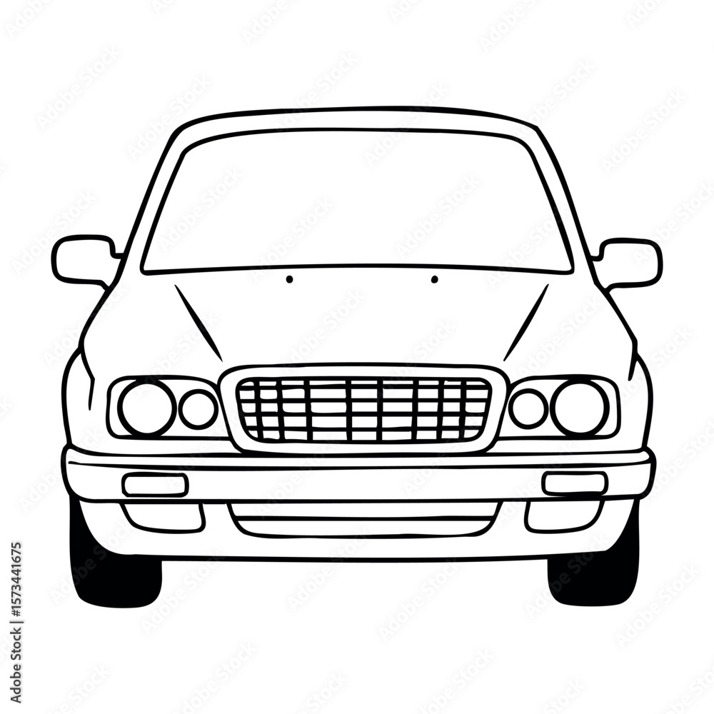 Front view outline of a classic sedan car drawing in black and white. Vector hand-drawn doodle illustration Front view outline of a classic sedan car drawing in black and white. Vector hand-drawn doodle illustration
