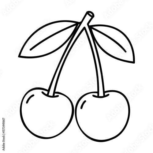 Simple outline of two cherries with leaves. Vector hand-drawn doodle illustration