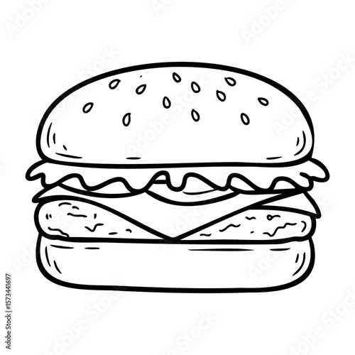Simple line art of a classic hamburger with cheese and lettuce. Vector hand-drawn doodle illustration