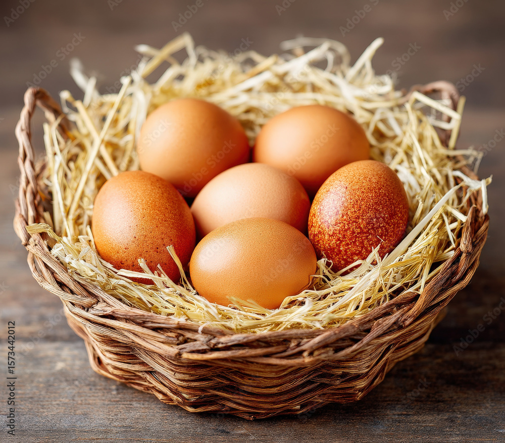 Fresh brown eggs nestled in golden straw under warm light, top view rustic scene with central zone left open for smooth motion overlay or animation insert. Fresh brown eggs nestled in golden straw under warm light, top view rustic scene with central zone left open for smooth motion overlay or animation insert.
