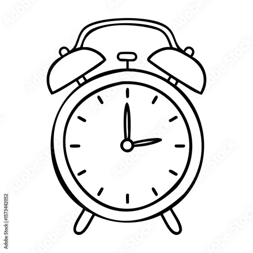 Vintage alarm clock with bells and hands displaying time in minimalist style. Vector hand-drawn doodle illustration