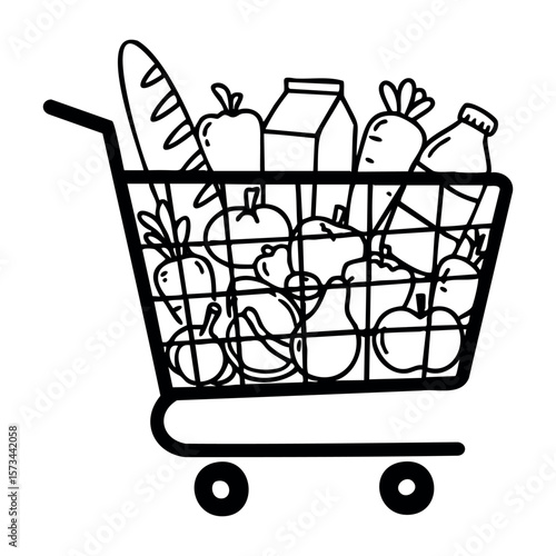 Shopping cart filled with groceries including bread and vegetables. Vector hand-drawn doodle illustration