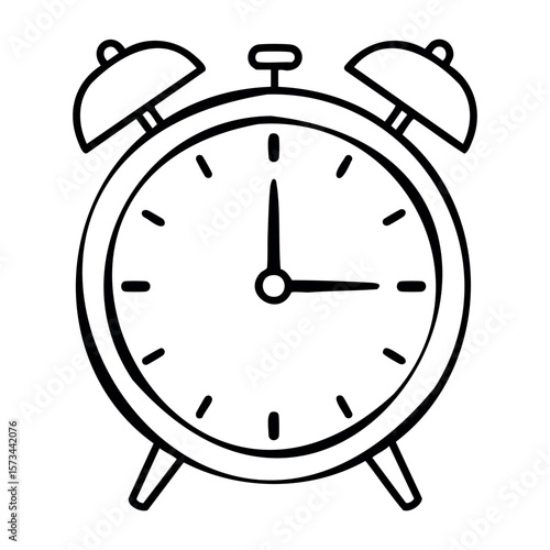 Vintage analog alarm clock with bells showing seven o'clock. Vector hand-drawn doodle illustration