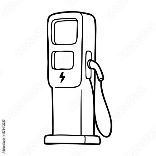 Outline drawing of an electric charging station with plug and cord. Vector hand-drawn doodle illustration