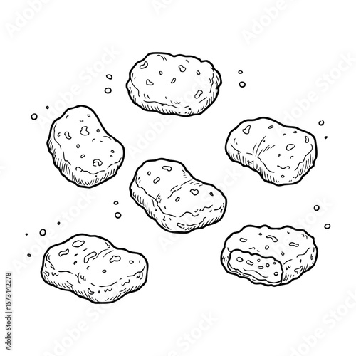 Cartoon chicken nuggets in various shapes and bites. Vector hand-drawn doodle illustration