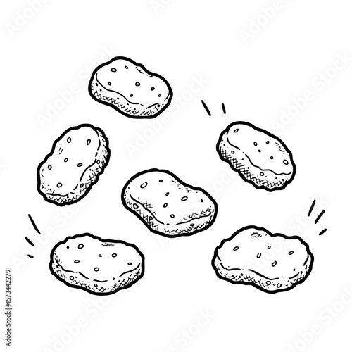Hand-drawn illustration of chicken nuggets in various poses. Vector hand-drawn doodle illustration