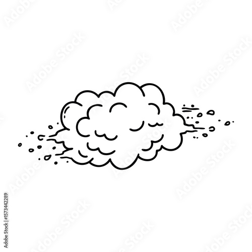 Cartoon cloud of dust with motion lines in black and white. Vector hand-drawn doodle illustration