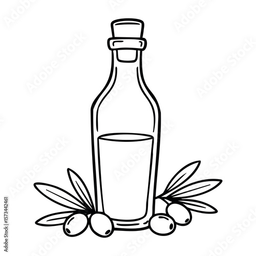 Outline of olive oil bottle with olives and leaves for healthy living. Vector hand-drawn doodle illustration