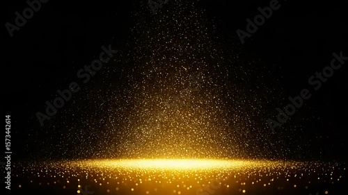 Golden particles rise creating a light effect on a dark background Shimmering dust flows up towards a glowing light source against solid black