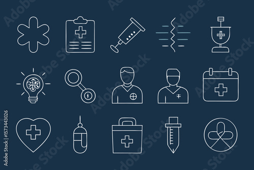 Twelve White Line Medical Healthcare Icons Dark Blue Background Set Simple Medical Symbols Doctor Nurse Syringe Heart Plus