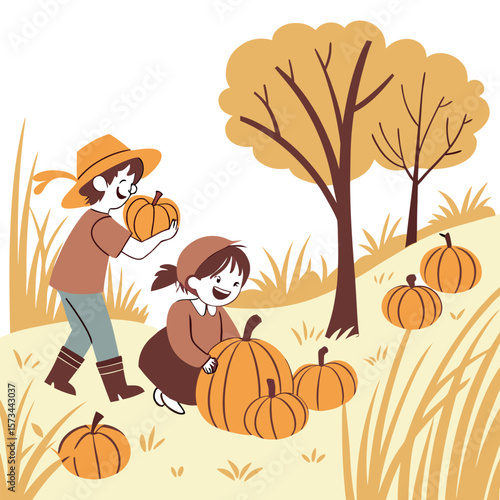 Two happy children wearing autumnal clothing and hats pick pumpkins in a field with trees and tall grass during the fall harvest season