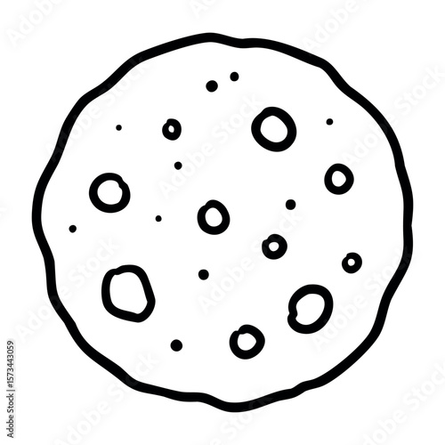 Cartoon chocolate chip cookie illustration with simple black outline. Vector hand-drawn doodle illustration