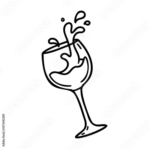 Line drawing of wine glass with splashing liquid. Vector hand-drawn doodle illustration
