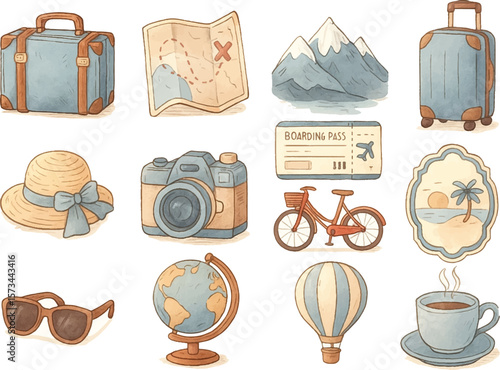 A charming hand-drawn travel element collection in watercolor style. Includes suitcase, map, mountain, hat, camera, bike, ticket, and more. Ideal for vacation, adventure, and tourism themes