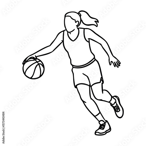 Female basketball player dribbling ball outline sketch art. Vector hand-drawn doodle illustration