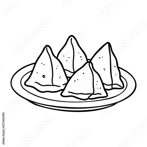 Plate of indian samosas in black and white line drawing. Vector hand-drawn doodle illustration