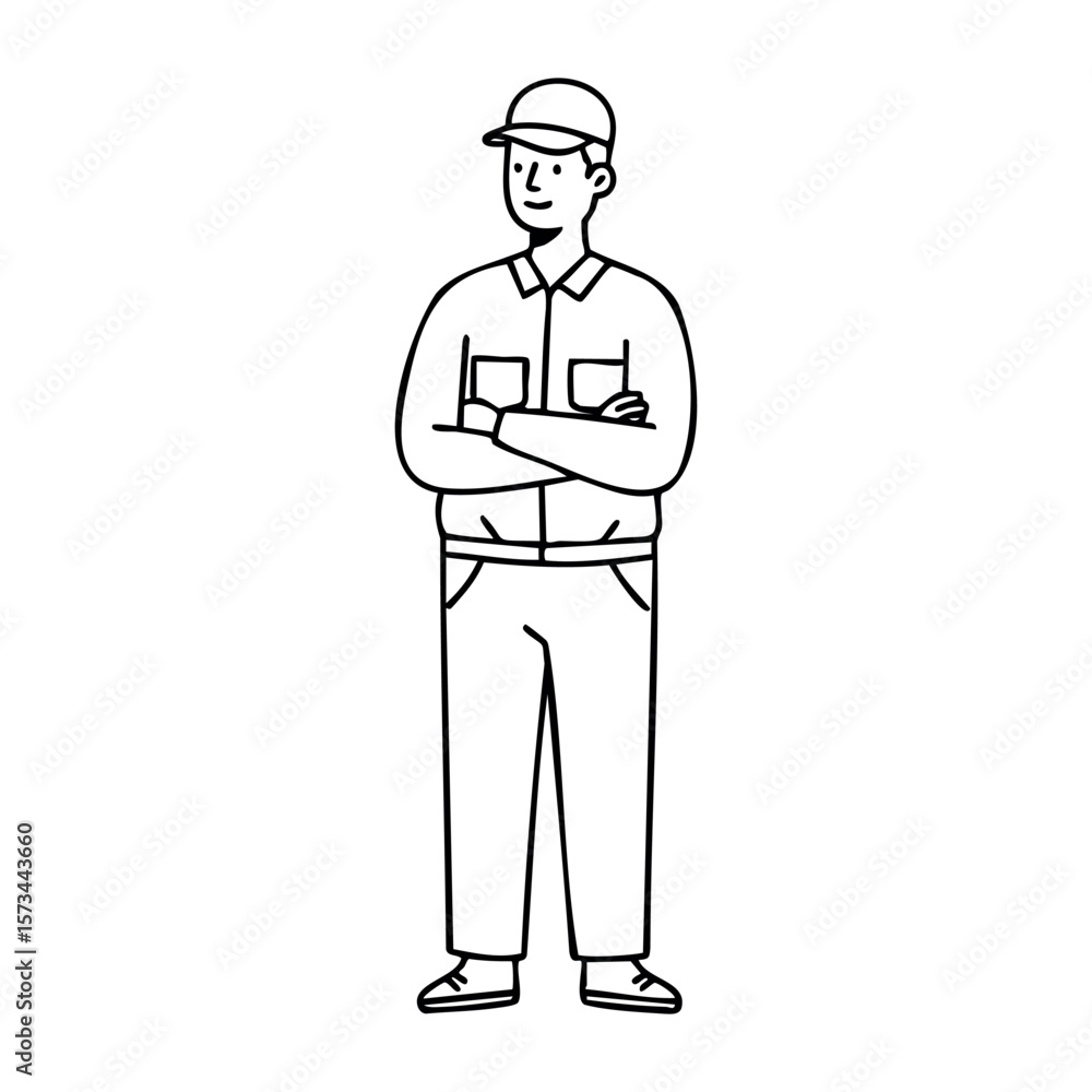 Illustration of caucasian male adult wearing cap with arms crossed. Vector hand-drawn doodle illustration Illustration of caucasian male adult wearing cap with arms crossed. Vector hand-drawn doodle illustration