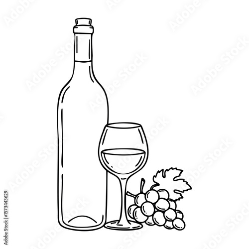 Wine bottle with glass and grapes line art illustration. Vector hand-drawn doodle illustration