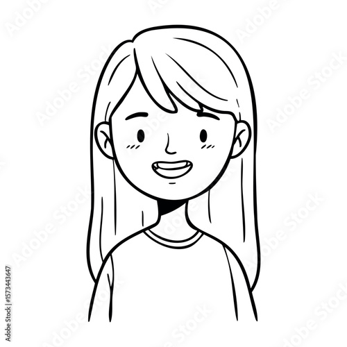 Smiling young caucasian girl with long hair in black and white cartoon style. Vector hand-drawn doodle illustration