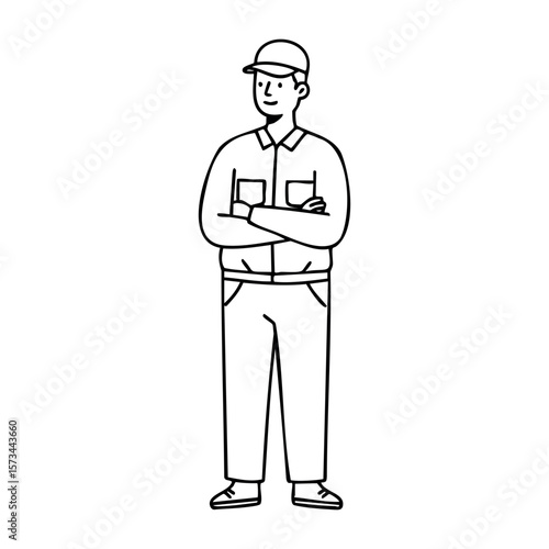 Illustration of caucasian male adult wearing cap with arms crossed. Vector hand-drawn doodle illustration