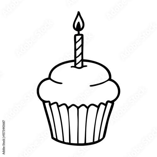 Simple birthday cupcake with candle line drawing. Vector hand-drawn doodle illustration