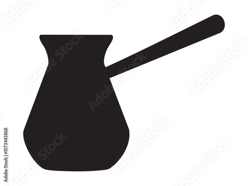 Black silhouette of cezve isolated on white background, graphic illustration. concept of turkish coffee pot, hot beverage, kitchen utensil, icon, logo, cafe art