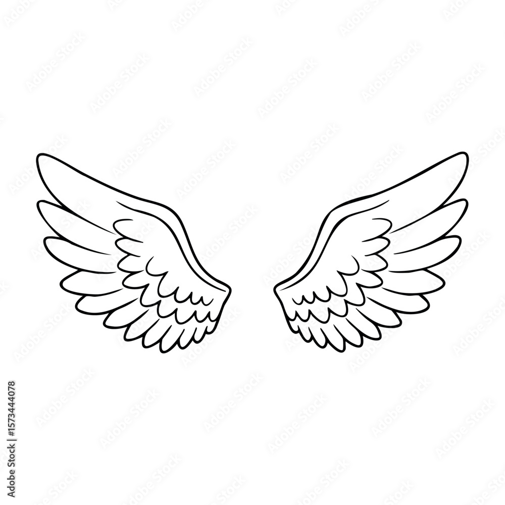Fototapeta premium Line art of stylized angel wings with outspread feathers. Vector hand-drawn doodle illustration
