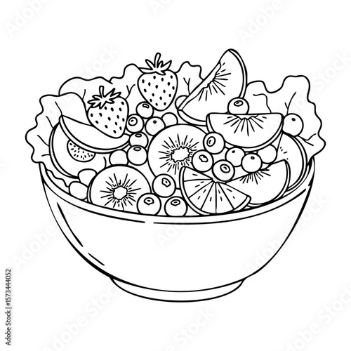 Healthy bowl of fresh fruits and vegetables line art illustration. Vector hand-drawn doodle illustration