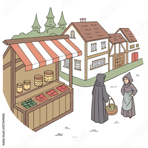 Wallpaper Mural Two medieval monks in traditional robes shop for produce at an outdoor market stall in a quaint village with timber framed houses and evergreen trees in the background Torontodigital.ca