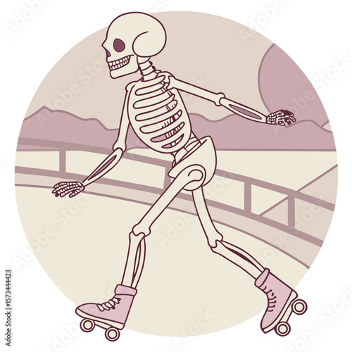 A stylized skeleton with a wide grin is depicted roller skating with a sense of motion against a muted background of hills and a railing