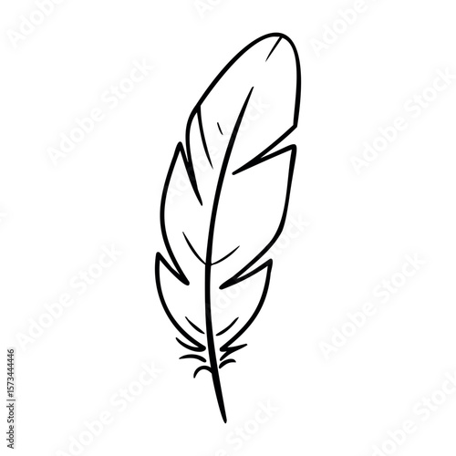 Simple black line art feather illustration on white background. Vector hand-drawn doodle illustration