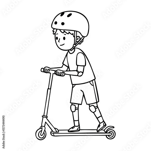Caucasian young male child riding scooter with safety gear. Vector hand-drawn doodle illustration