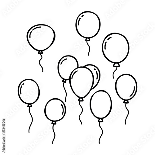 Simple line drawing of floating balloons in white background. Vector hand-drawn doodle illustration