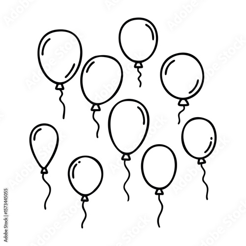 Hand-drawn floating balloons in black line art style. Vector hand-drawn doodle illustration
