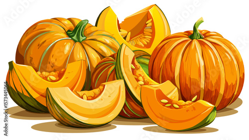 Sliced organic pumpkin wedges, bright orange with textured skin, rest beside whole squashes, creating a warm autumn composition full of color, nutrition, and cozy harvest energy on white background.
